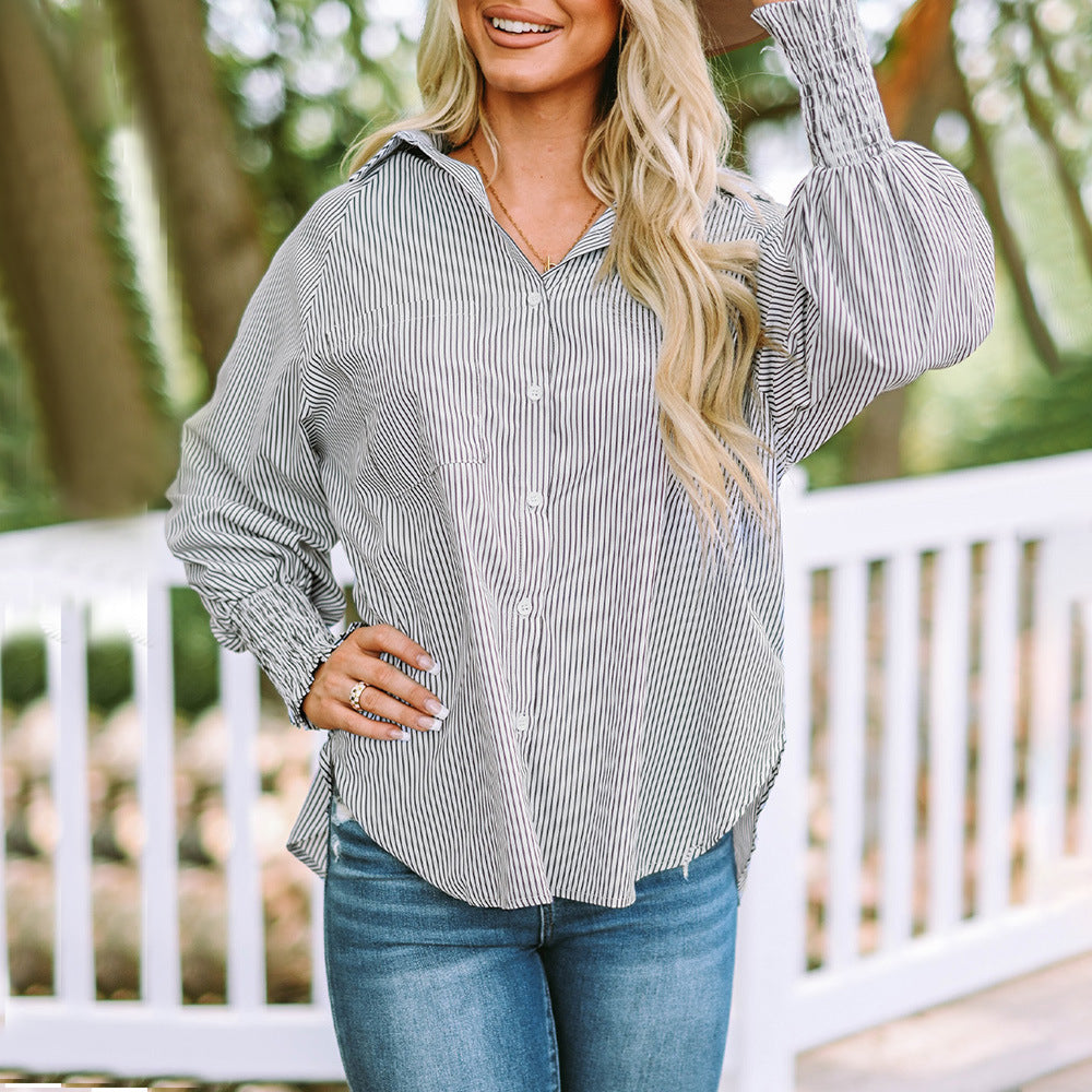 Gabrielle | Chemise Rayée Femme Épaules Dénudées Manches Longues