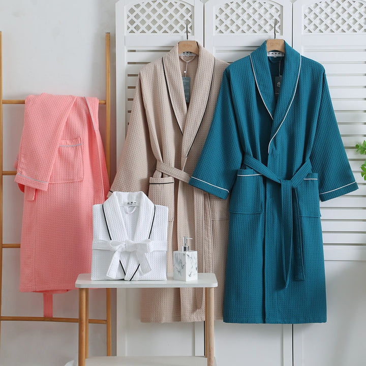 Gabrielle | Peignoir Gaufré Rose Manches Longues Poches