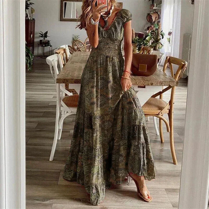 Gabrielle | Robe Maxi Femme Imprimée Bleue Manches Courtes