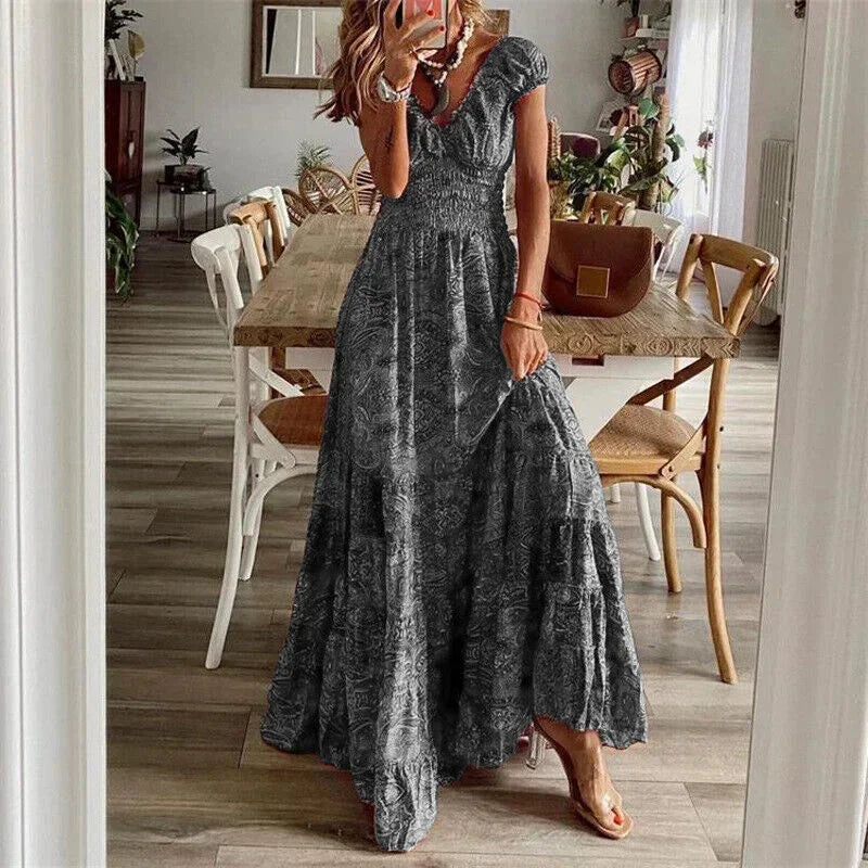 Gabrielle | Robe Maxi Femme Imprimée Bleue Manches Courtes