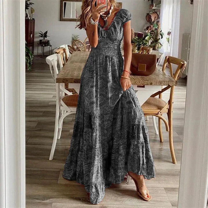 Gabrielle | Robe Maxi Femme Imprimée Bleue Manches Courtes