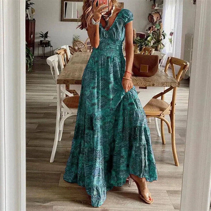 Gabrielle | Robe Maxi Femme Imprimée Bleue Manches Courtes