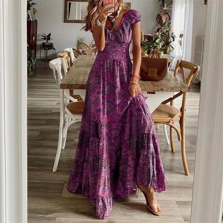 Gabrielle | Robe Maxi Femme Imprimée Bleue Manches Courtes