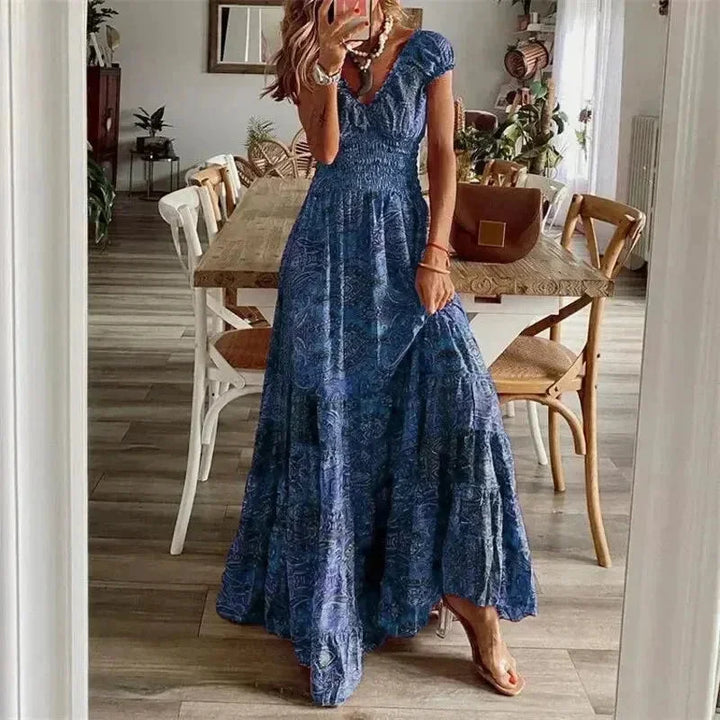 Gabrielle | Robe Maxi Femme Imprimée Bleue Manches Courtes