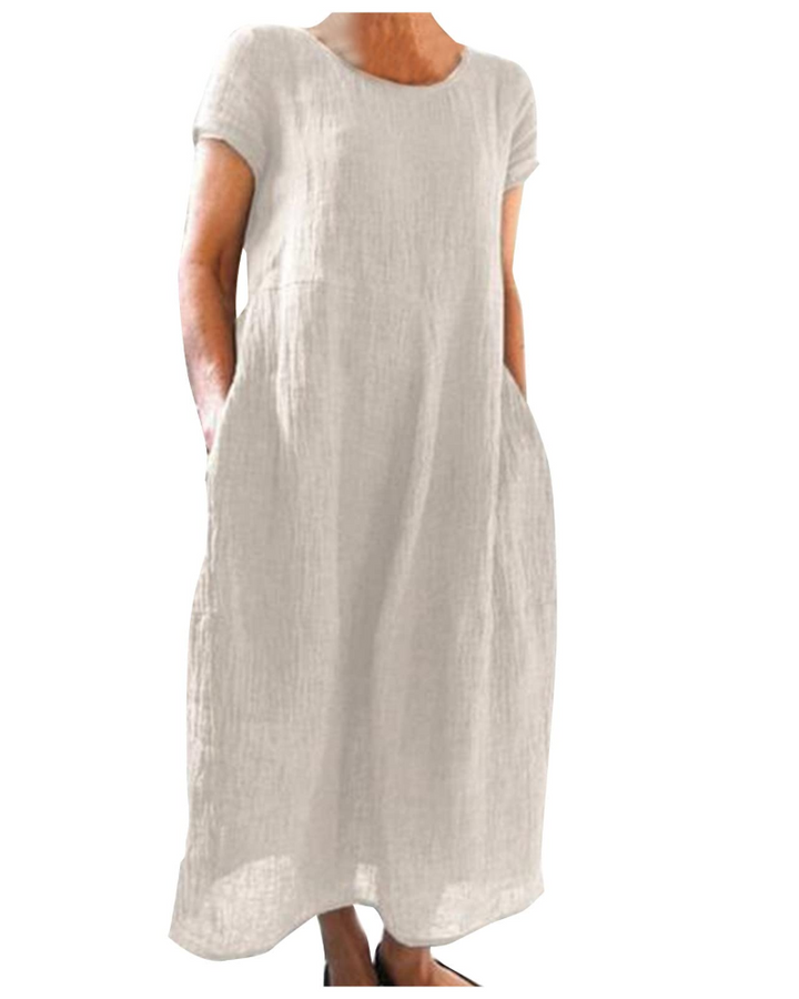 Gabrielle | Robe Midi Violette Femme Manches Courtes Poches