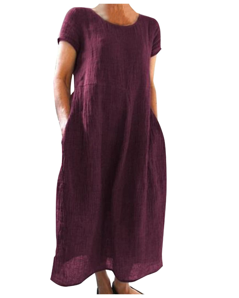 Gabrielle | Robe Midi Violette Femme Manches Courtes Poches