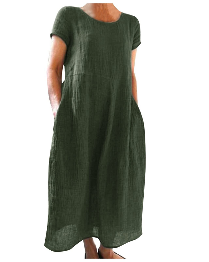 Gabrielle | Robe Midi Violette Femme Manches Courtes Poches