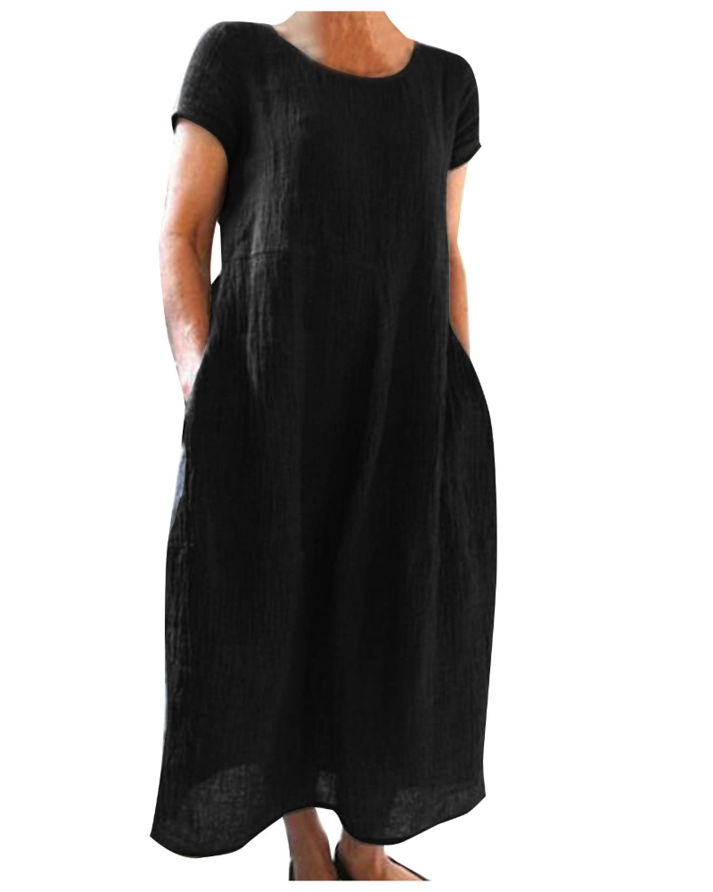 Gabrielle | Robe Midi Violette Femme Manches Courtes Poches