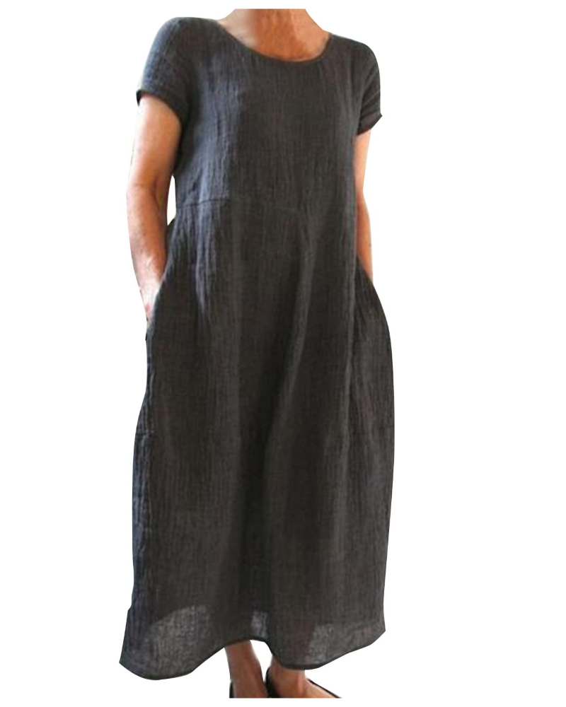 Gabrielle | Robe Midi Violette Femme Manches Courtes Poches
