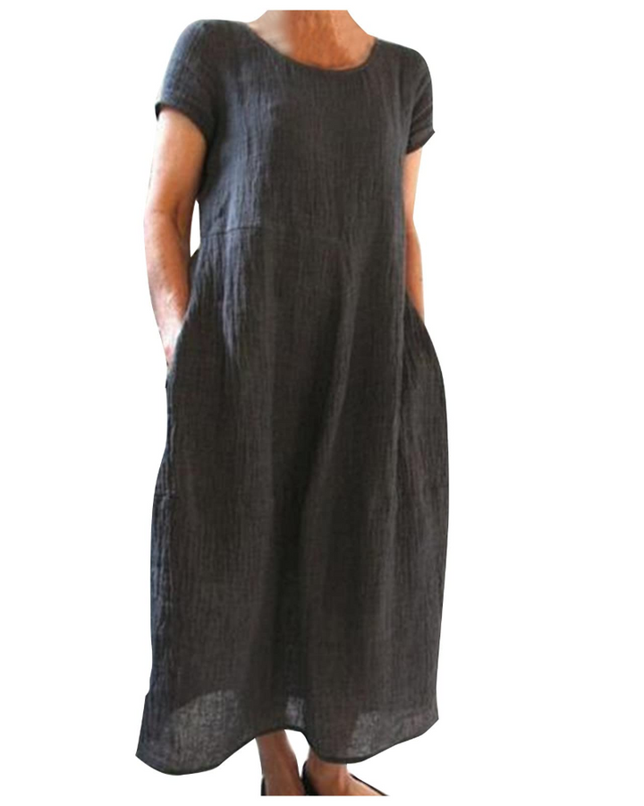 Gabrielle | Robe Midi Violette Femme Manches Courtes Poches