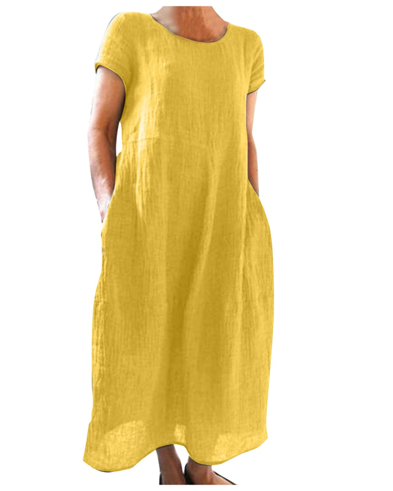 Gabrielle | Robe Midi Violette Femme Manches Courtes Poches