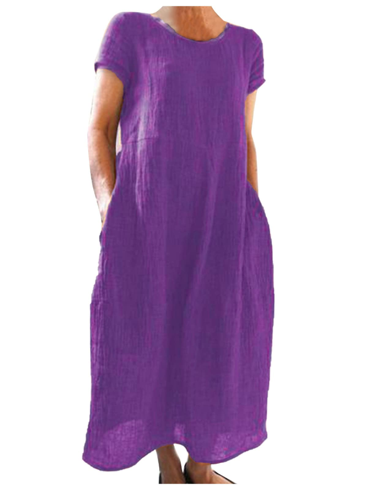 Gabrielle | Robe Midi Violette Femme Manches Courtes Poches