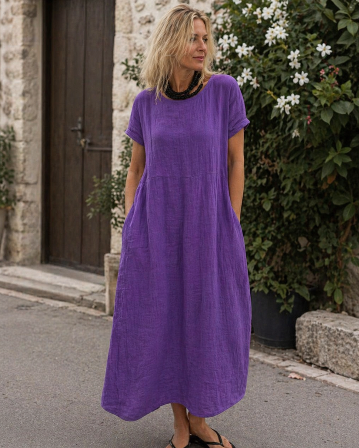 Gabrielle | Robe Midi Violette Femme Manches Courtes Poches