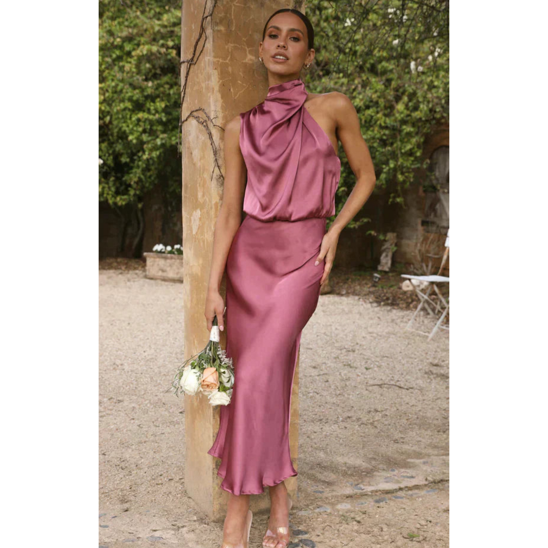 Gabrielle | Robe de Soirée Satin Col Halter Midi