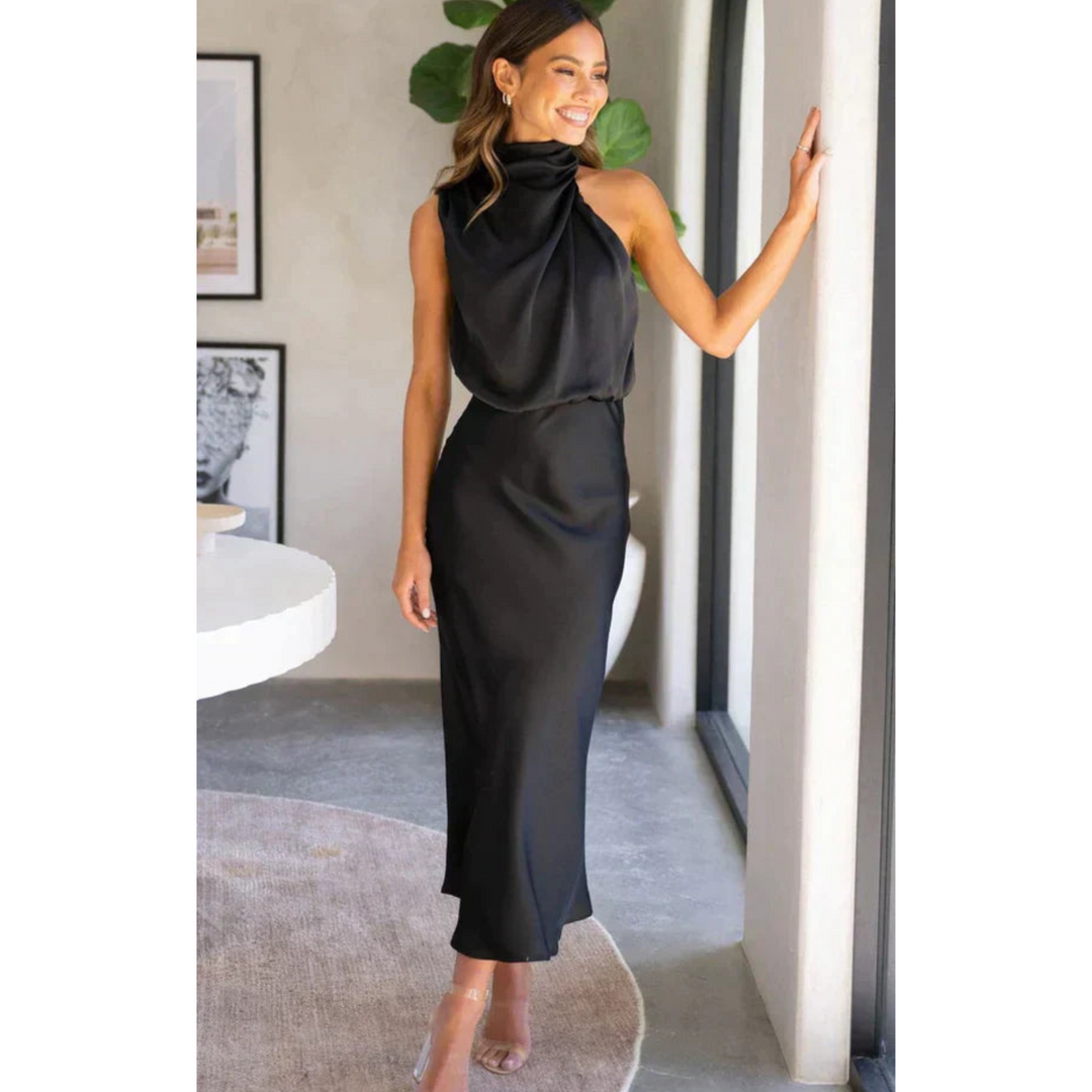 Gabrielle | Robe de Soirée Satin Col Halter Midi