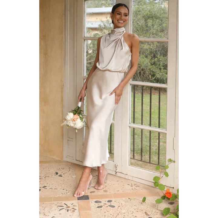 Gabrielle | Robe de Soirée Satin Col Halter Midi
