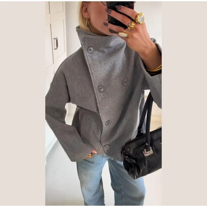 Héloïse | Caban Noir Femme Col Montant Boutonné