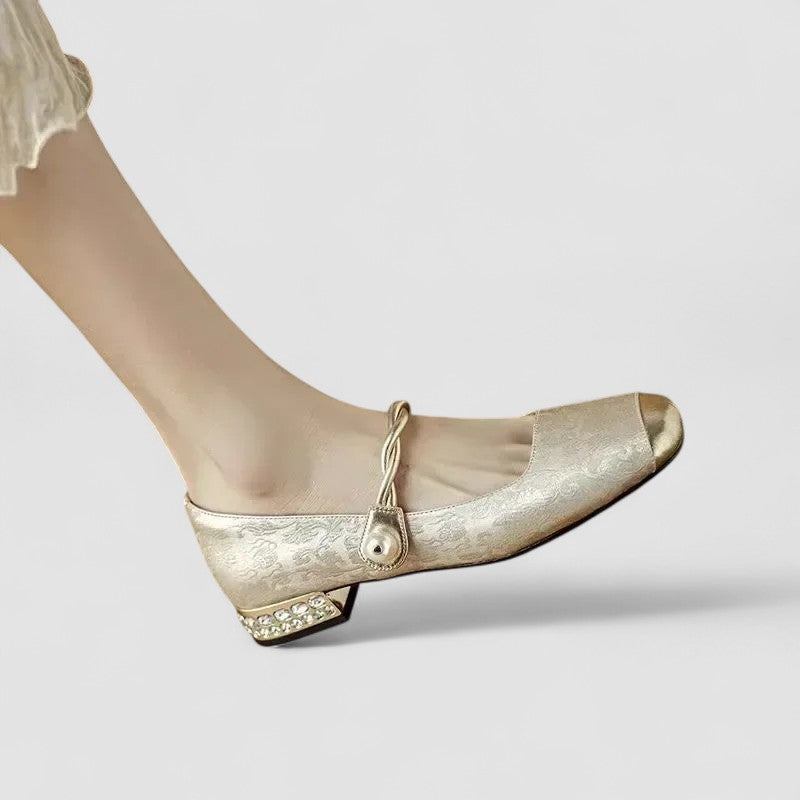 Inès | Ballerines Mary Jane Satin Vert à Fleurs Femme