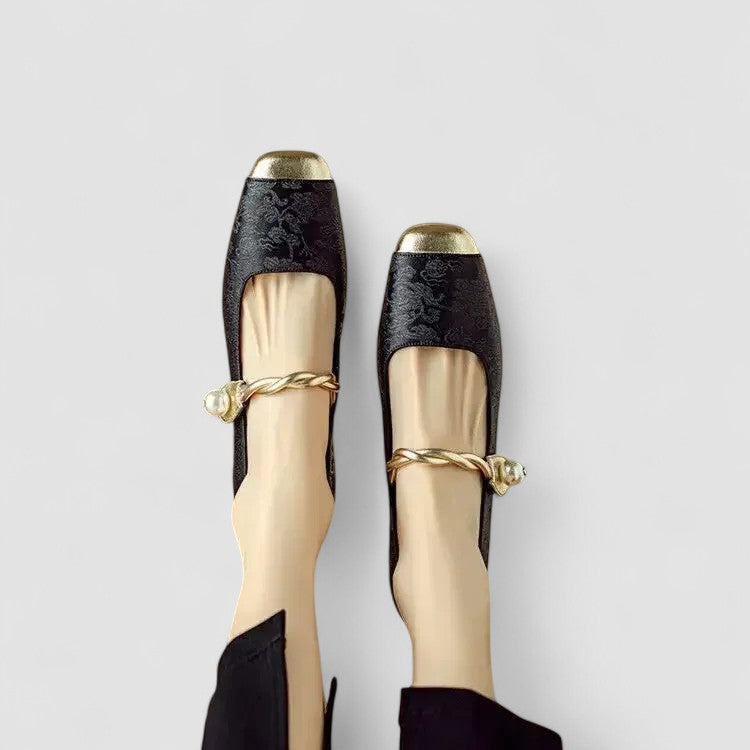Inès | Ballerines Mary Jane Satin Vert à Fleurs Femme