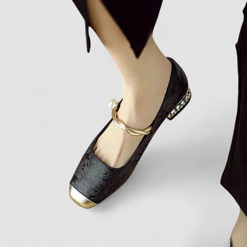 Inès | Ballerines Mary Jane Satin Vert à Fleurs Femme