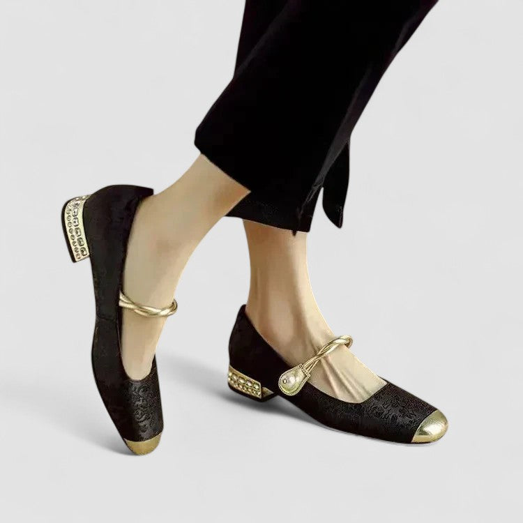 Inès | Ballerines Mary Jane Satin Vert à Fleurs Femme