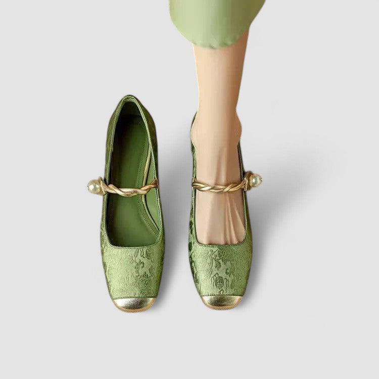Inès | Ballerines Mary Jane Satin Vert à Fleurs Femme