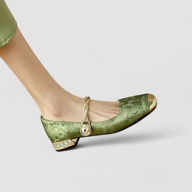Inès | Ballerines Mary Jane Satin Vert à Fleurs Femme