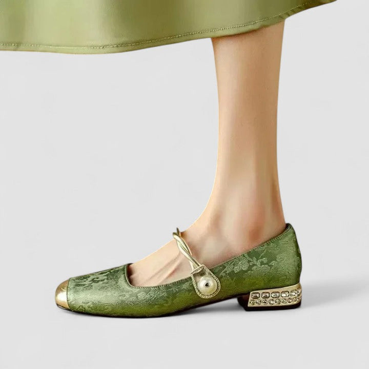 Inès | Ballerines Mary Jane Satin Vert à Fleurs Femme