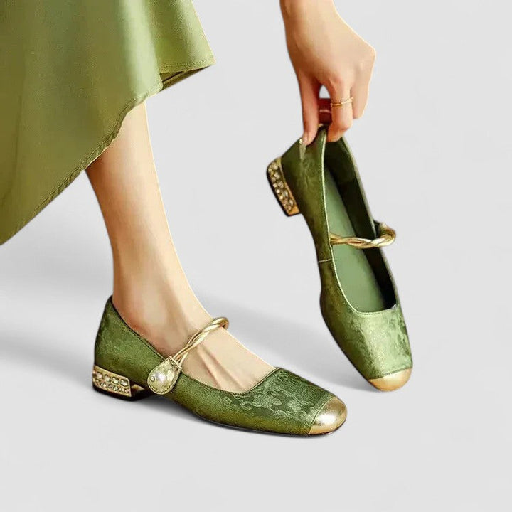 Inès | Ballerines Mary Jane Satin Vert à Fleurs Femme