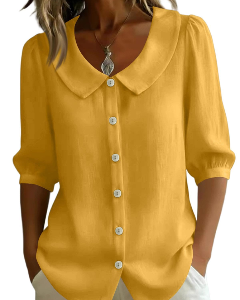 Inès | Blouse en Lin Jaune Col Claudine Manches Courtes
