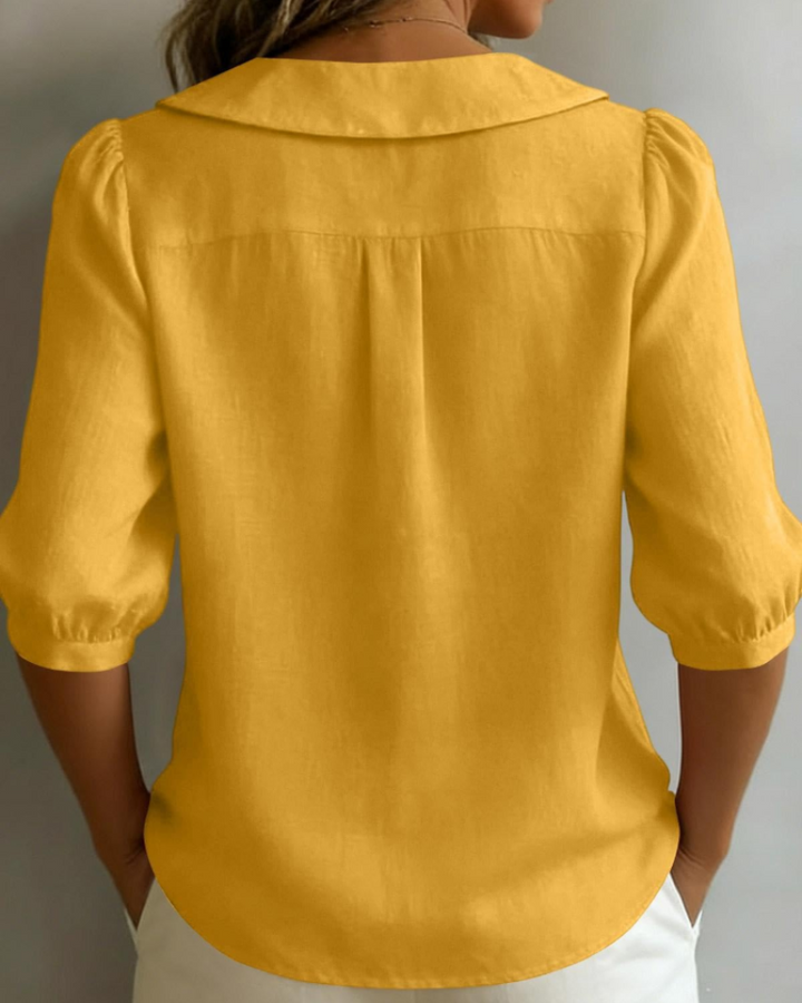 Inès | Blouse en Lin Jaune Col Claudine Manches Courtes