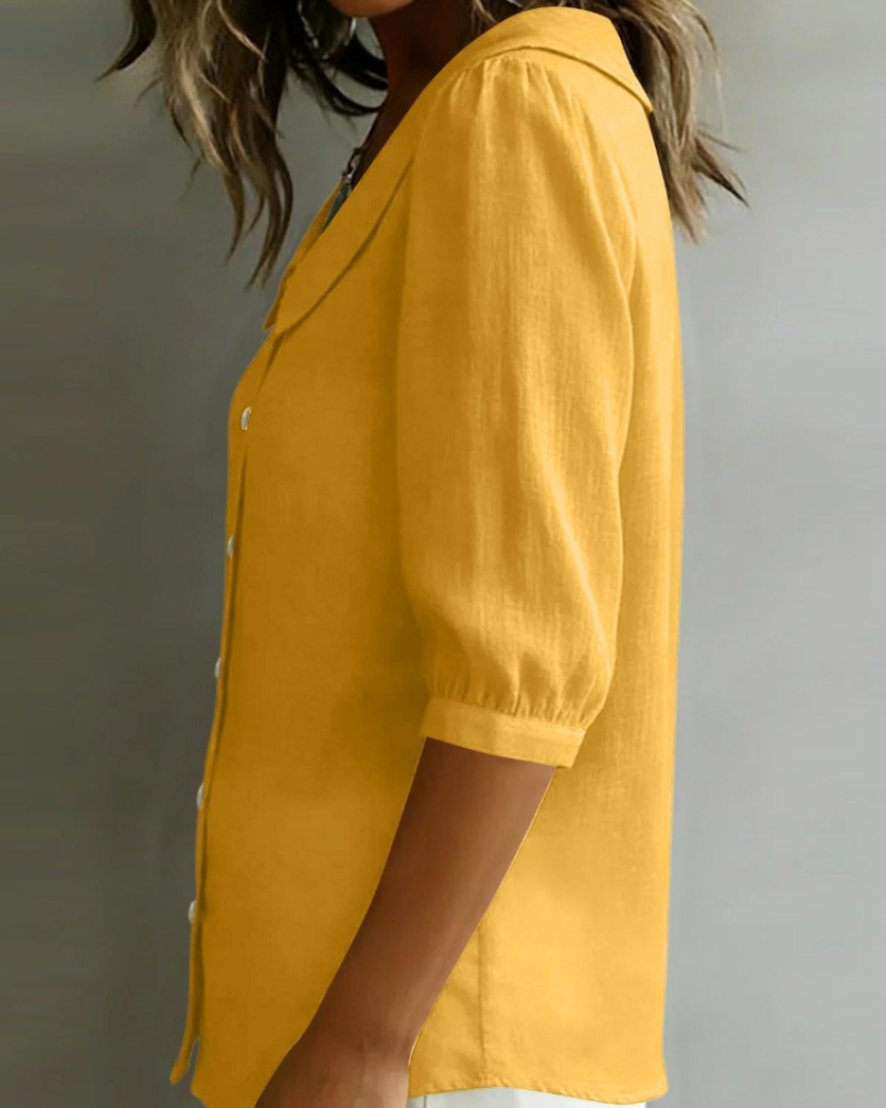 Inès | Blouse en Lin Jaune Col Claudine Manches Courtes
