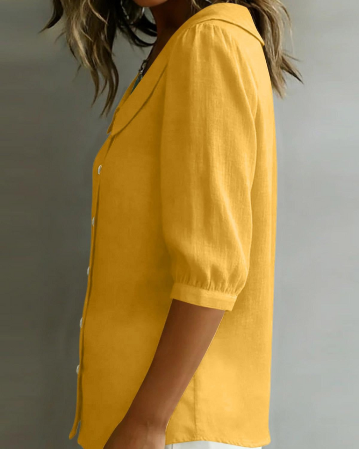 Inès | Blouse en Lin Jaune Col Claudine Manches Courtes