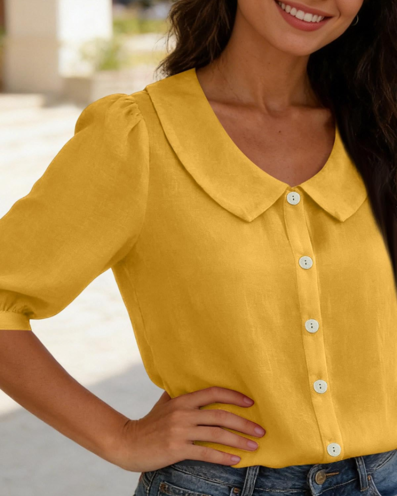 Inès | Blouse en Lin Jaune Col Claudine Manches Courtes