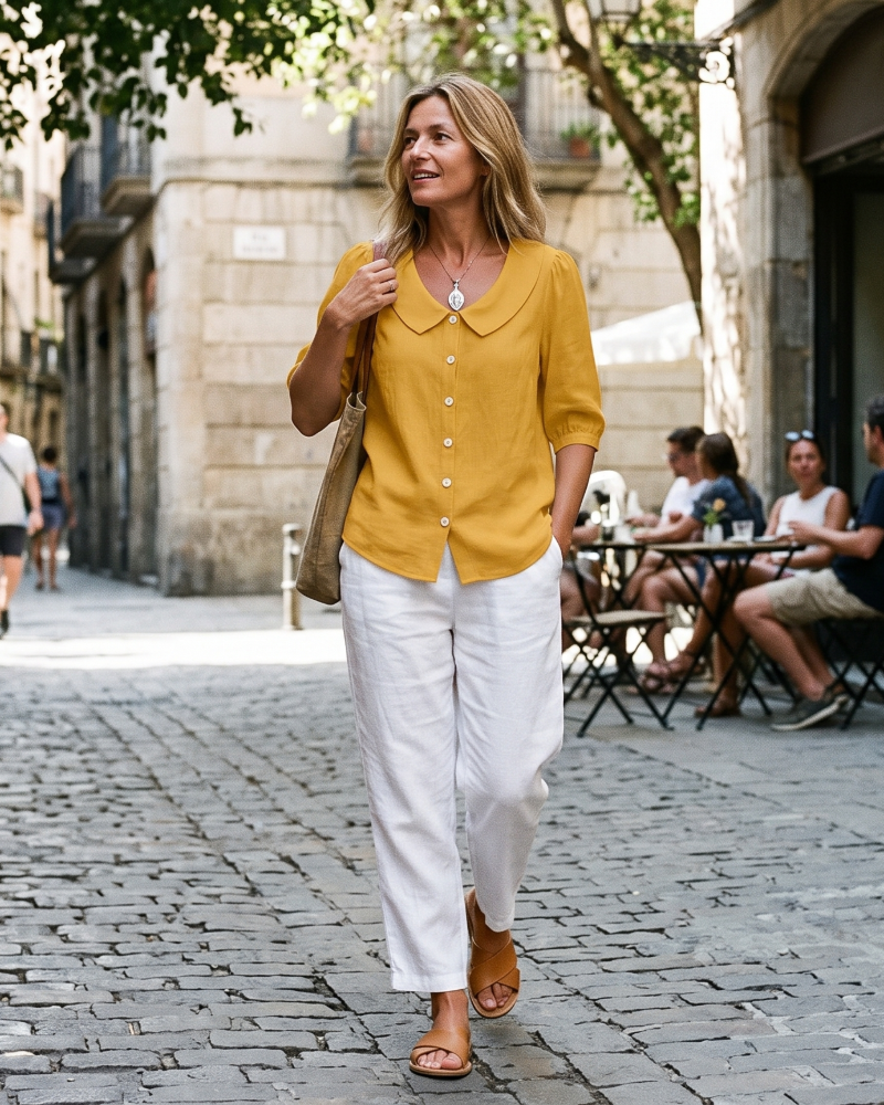 Inès | Blouse en Lin Jaune Col Claudine Manches Courtes