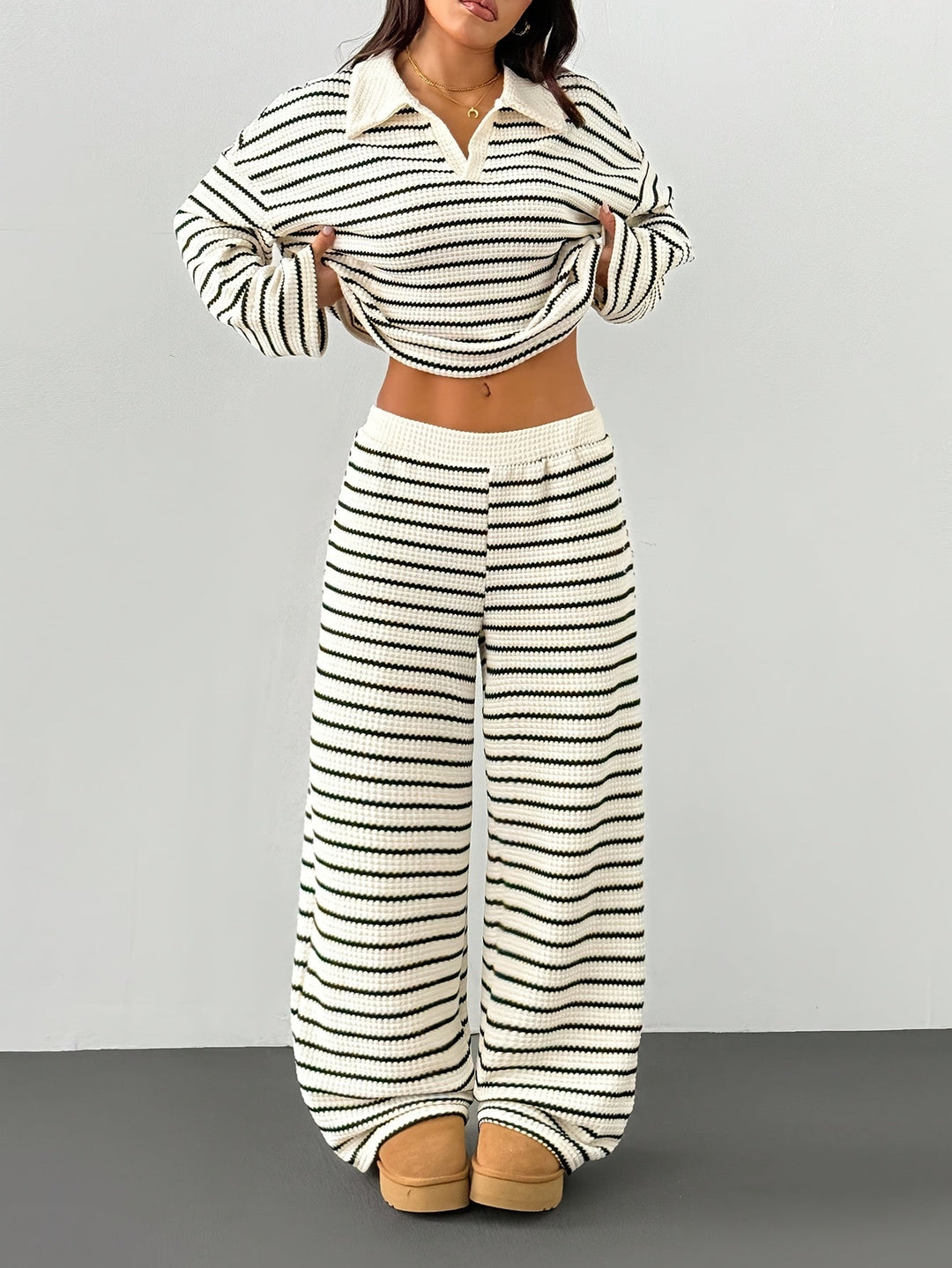 Inès | Ensemble Loungewear Maille Rayé Femme Manches Longues