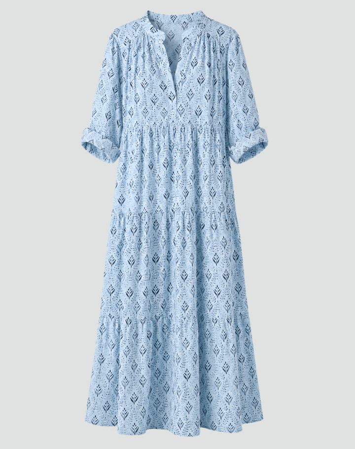 Isabelle | Robe Longue Fleurie Évasée Col V Manches Courtes