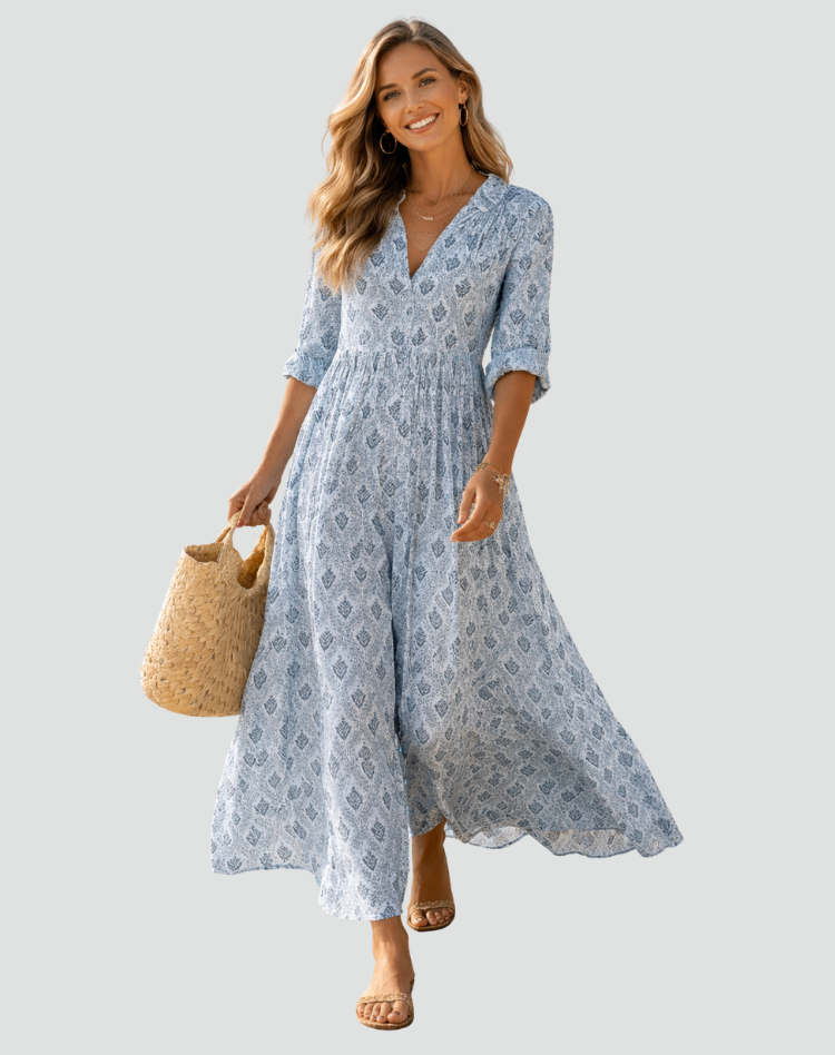 Isabelle | Robe Longue Fleurie Évasée Col V Manches Courtes