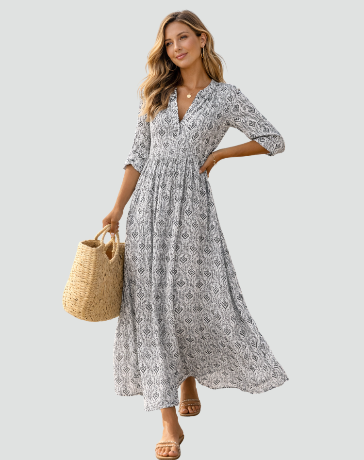 Isabelle | Robe Longue Fleurie Évasée Col V Manches Courtes