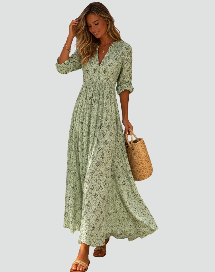 Isabelle | Robe Longue Fleurie Évasée Col V Manches Courtes