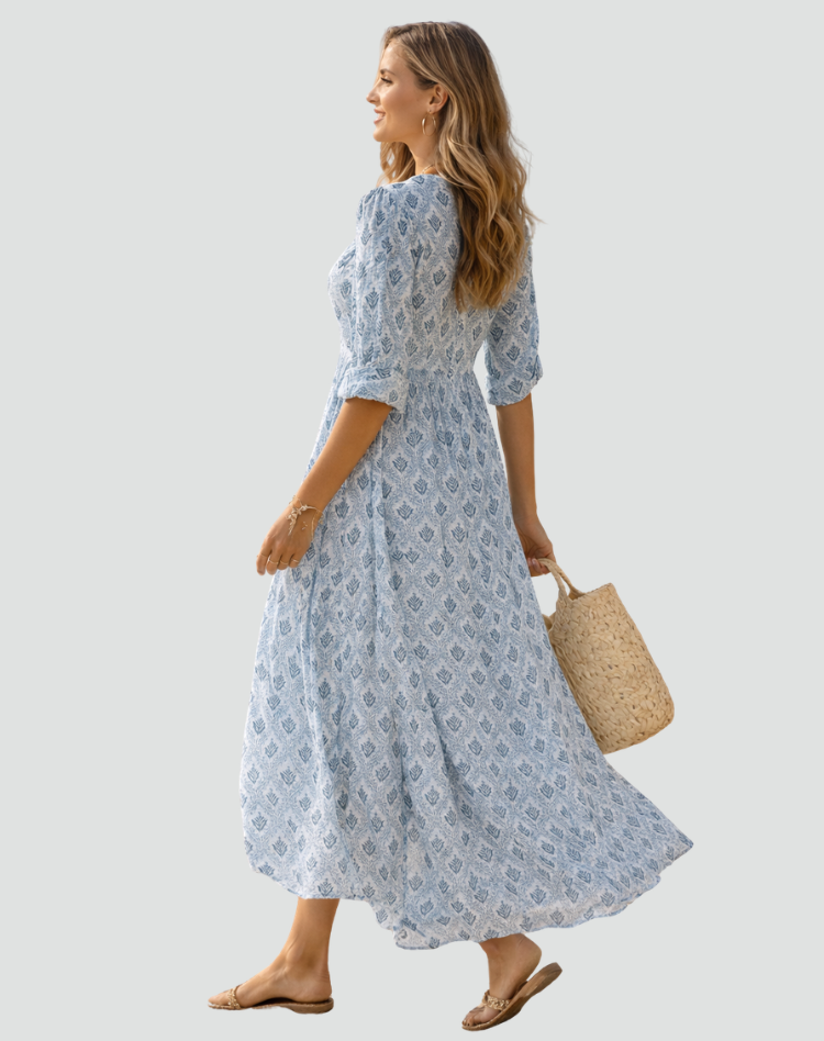 Isabelle | Robe Longue Fleurie Évasée Col V Manches Courtes