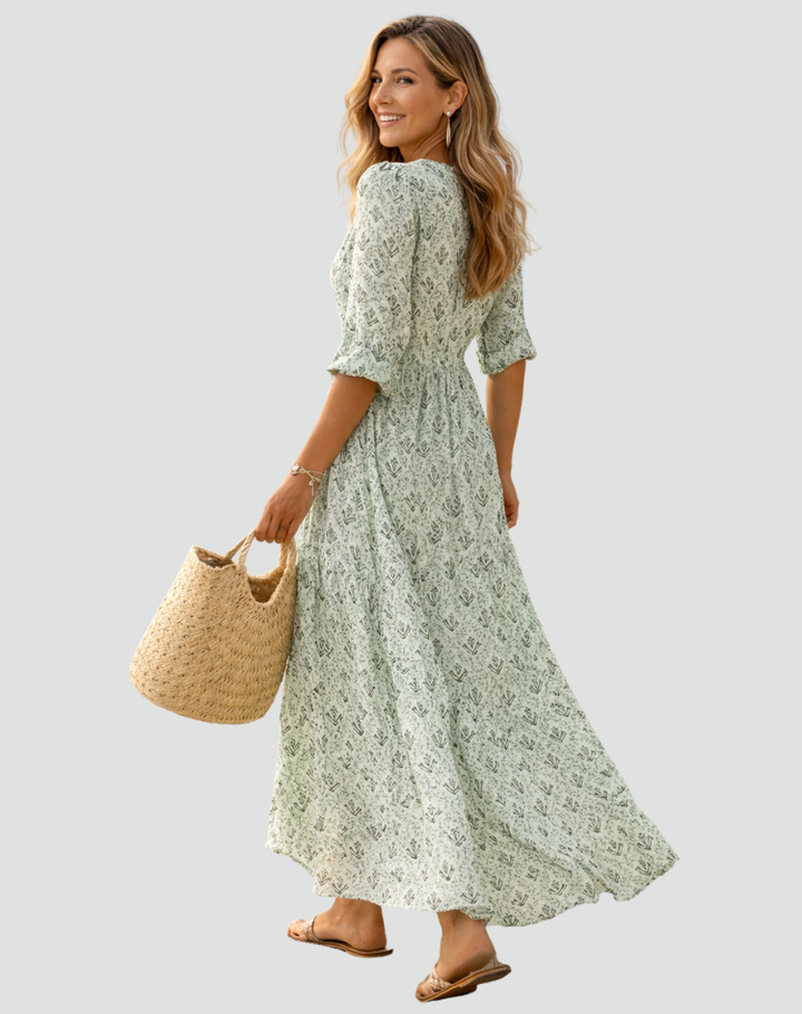 Isabelle | Robe Longue Fleurie Évasée Col V Manches Courtes