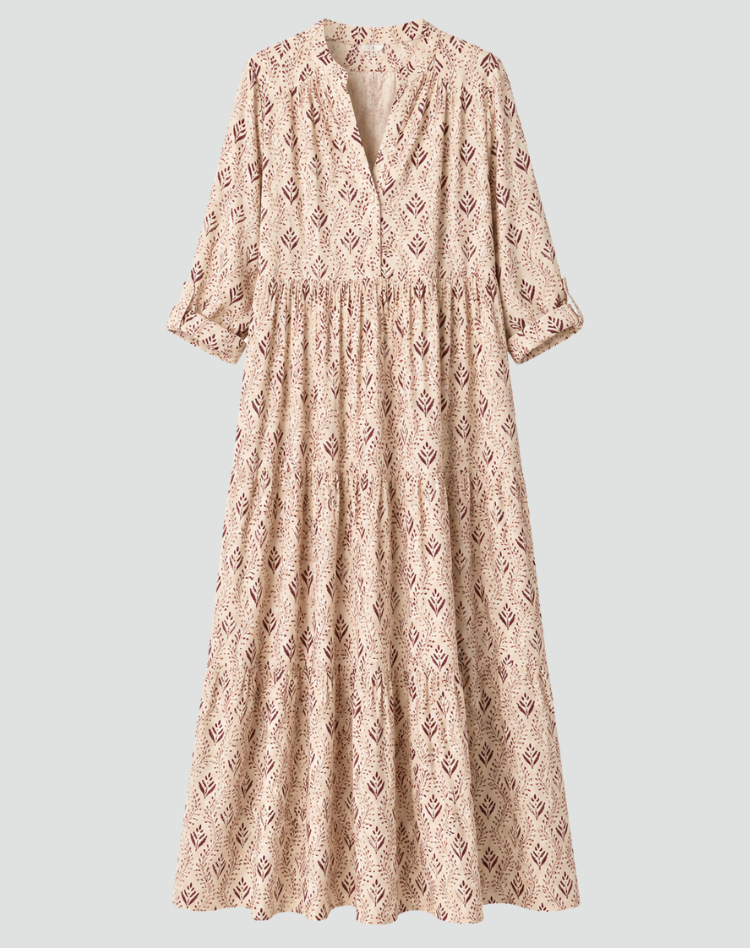 Isabelle | Robe Longue Fleurie Évasée Col V Manches Courtes