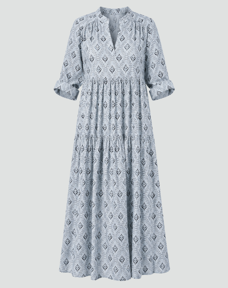 Isabelle | Robe Longue Fleurie Évasée Col V Manches Courtes