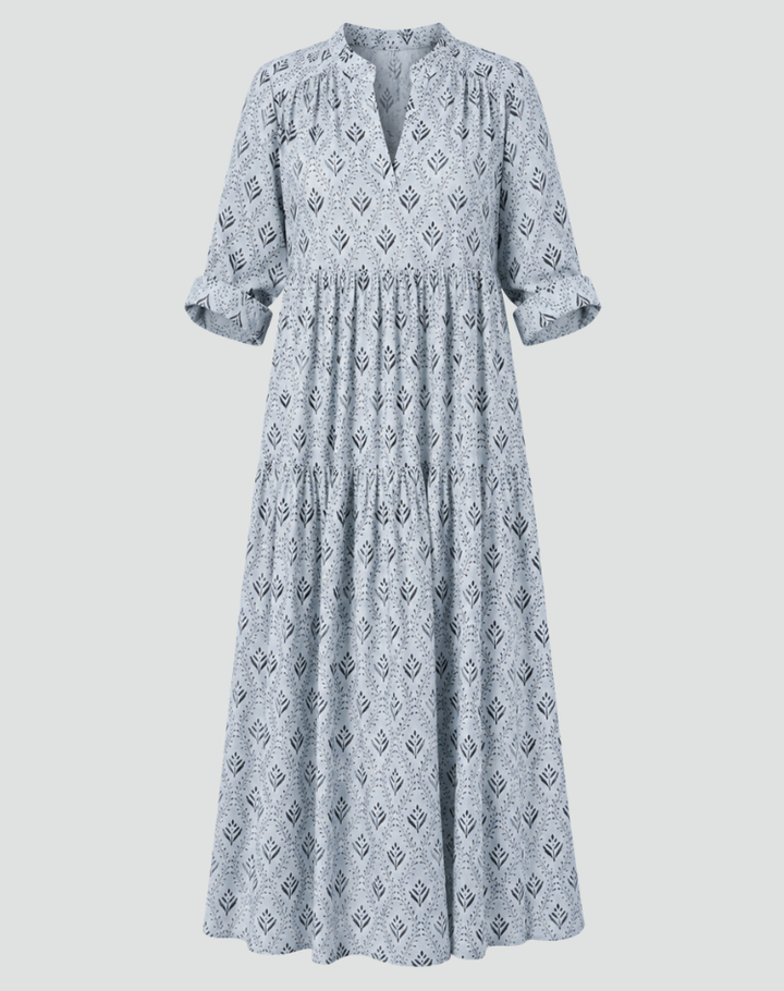 Isabelle | Robe Longue Fleurie Évasée Col V Manches Courtes