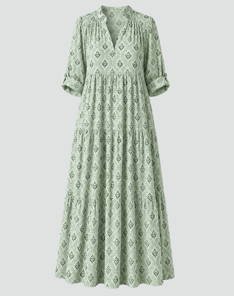 Isabelle | Robe Longue Fleurie Évasée Col V Manches Courtes