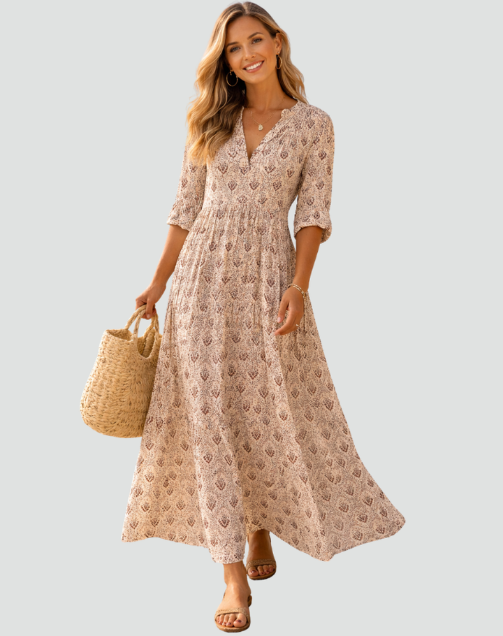 Isabelle | Robe Longue Fleurie Évasée Col V Manches Courtes