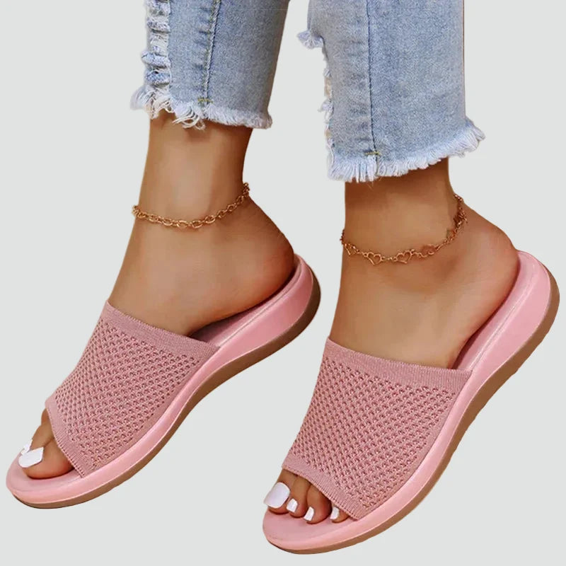 Isabelle | Sandales Mules Plates Femme Tricot Rose