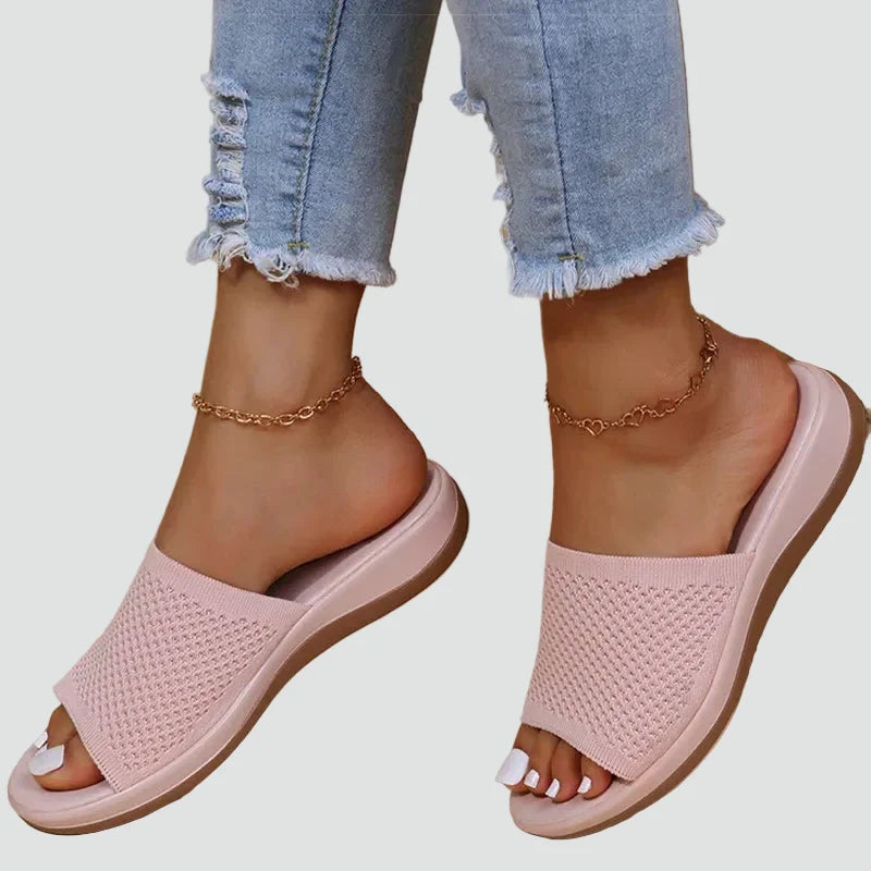 Isabelle | Sandales Mules Plates Femme Tricot Rose