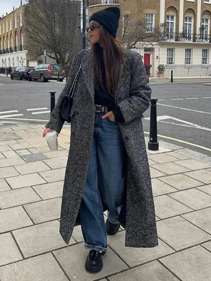 Jade | Manteau Long Femme Laine Chevrons Croisé